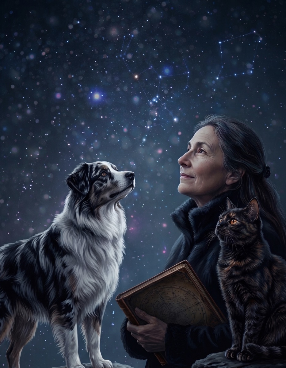 Ilustración: una mujer mira al cielo estrellado acompañada de un perro y un gato