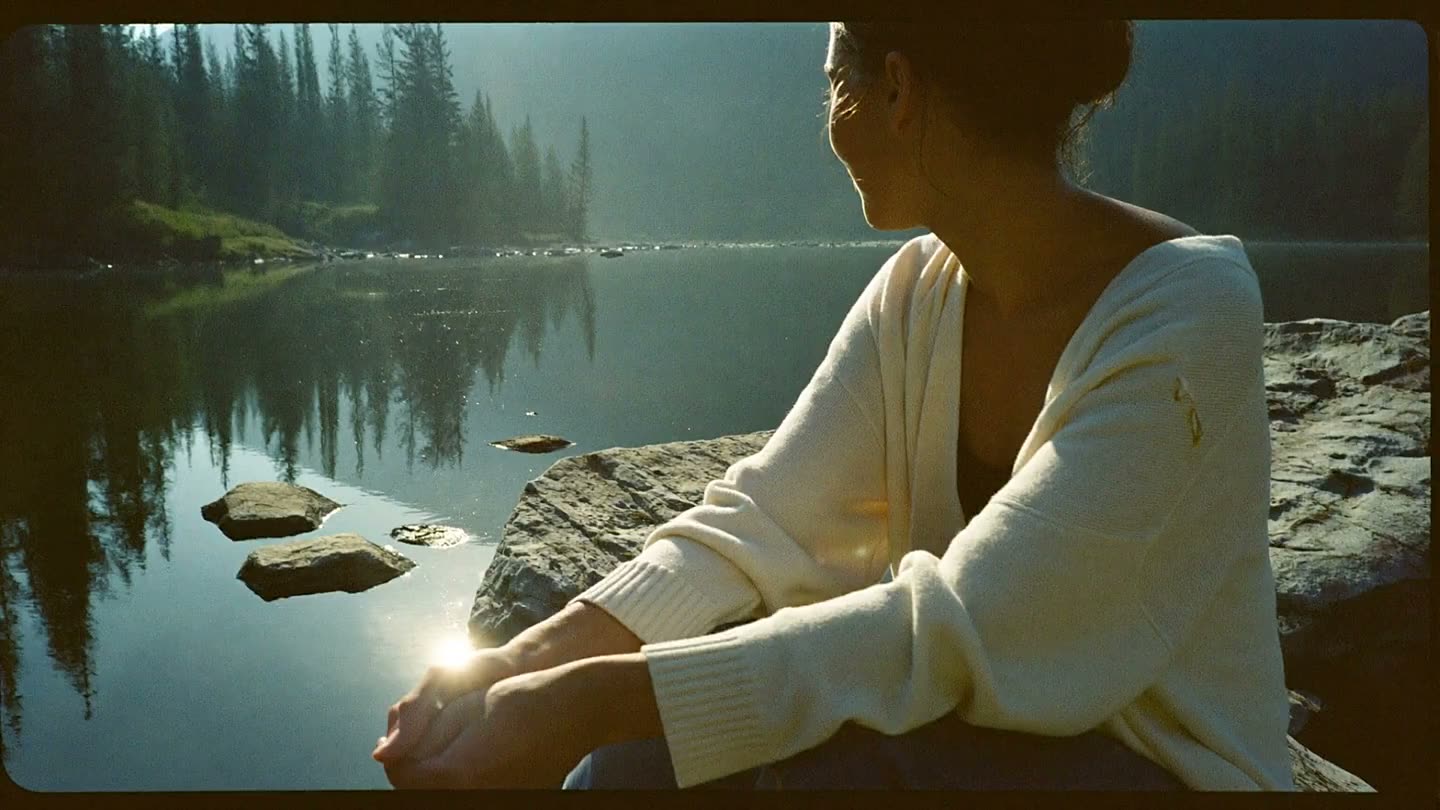 Una mujer sentada sobre una roca al borde de un rio de montana, de espaldas
